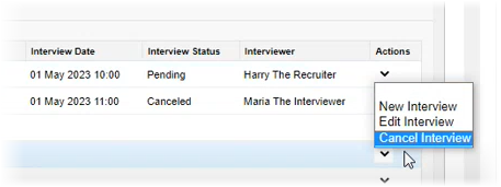 Partial screenshot of Active Applications section of vacancy page with cancel interview action selected